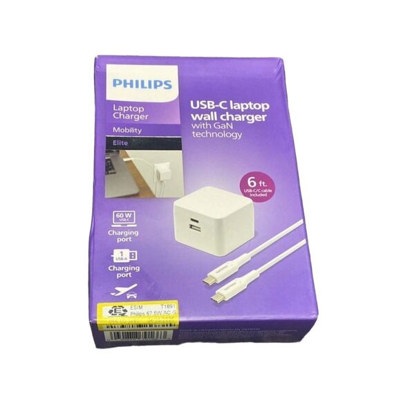 Philips 60W GaN USB-C Laptop Charger Fast Charging Compact Foldable Adapter - Picture 3 of 6